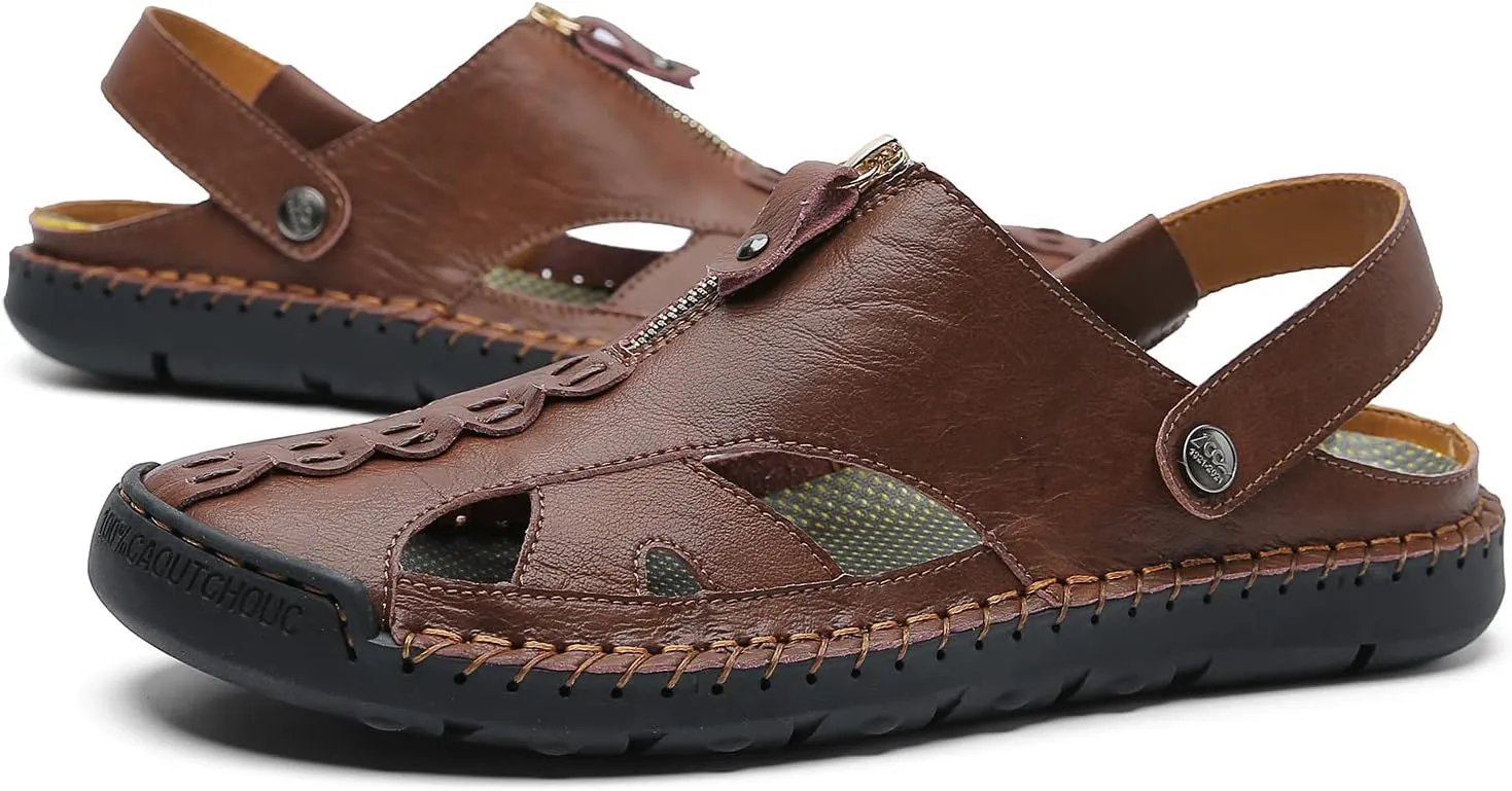 JAMONWU Men's Casual Closed Toe Adjustable Leather Sandals Handmade Fisherman Beach Sandals