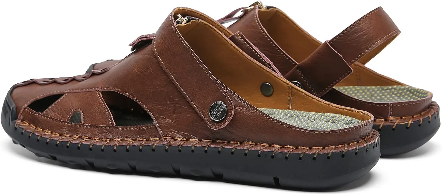JAMONWU Men's Casual Closed Toe Adjustable Leather Sandals Handmade Fisherman Beach Sandals
