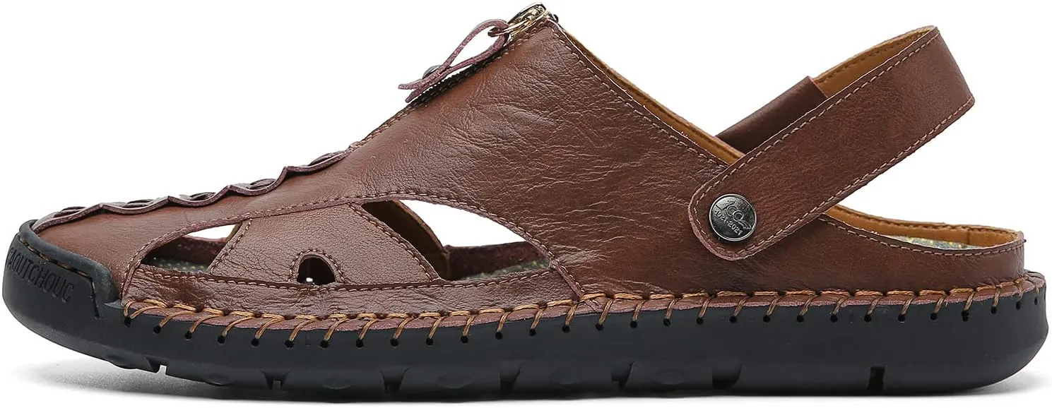 JAMONWU Men's Casual Closed Toe Adjustable Leather Sandals Handmade Fisherman Beach Sandals