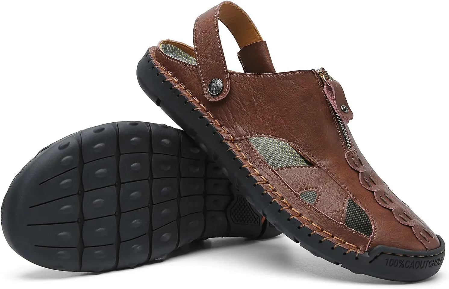 JAMONWU Men's Casual Closed Toe Adjustable Leather Sandals Handmade Fisherman Beach Sandals
