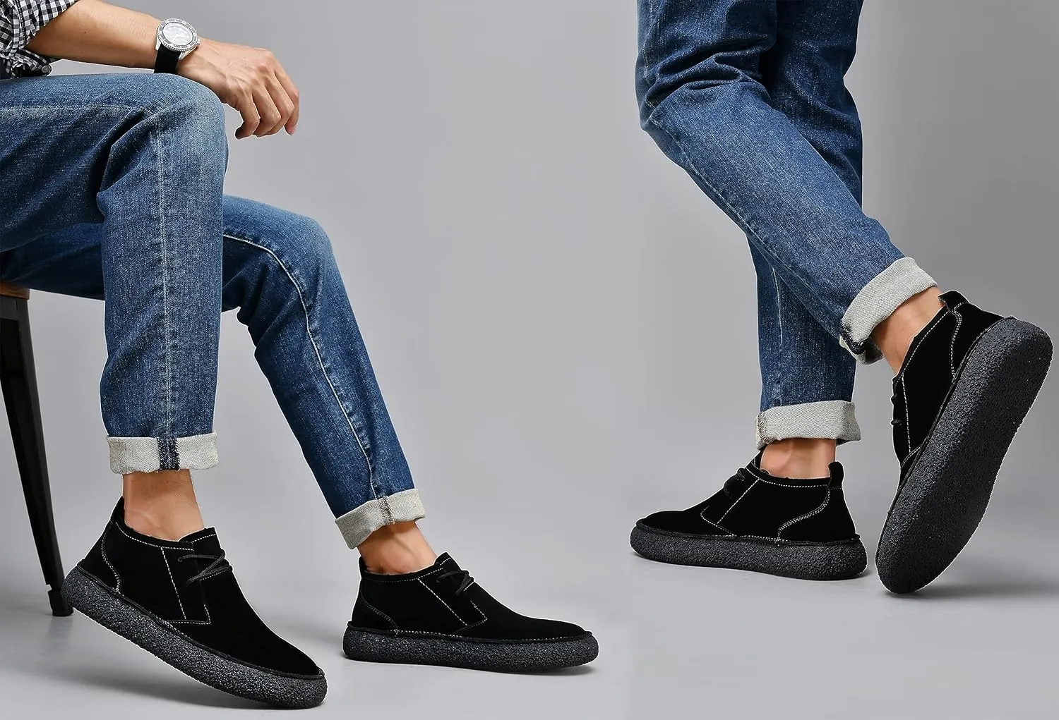 JIONS Mens Ankle Desert Chukka Boots Lace Up Suede Leather Shoes Round Toe Platform Deck Boots