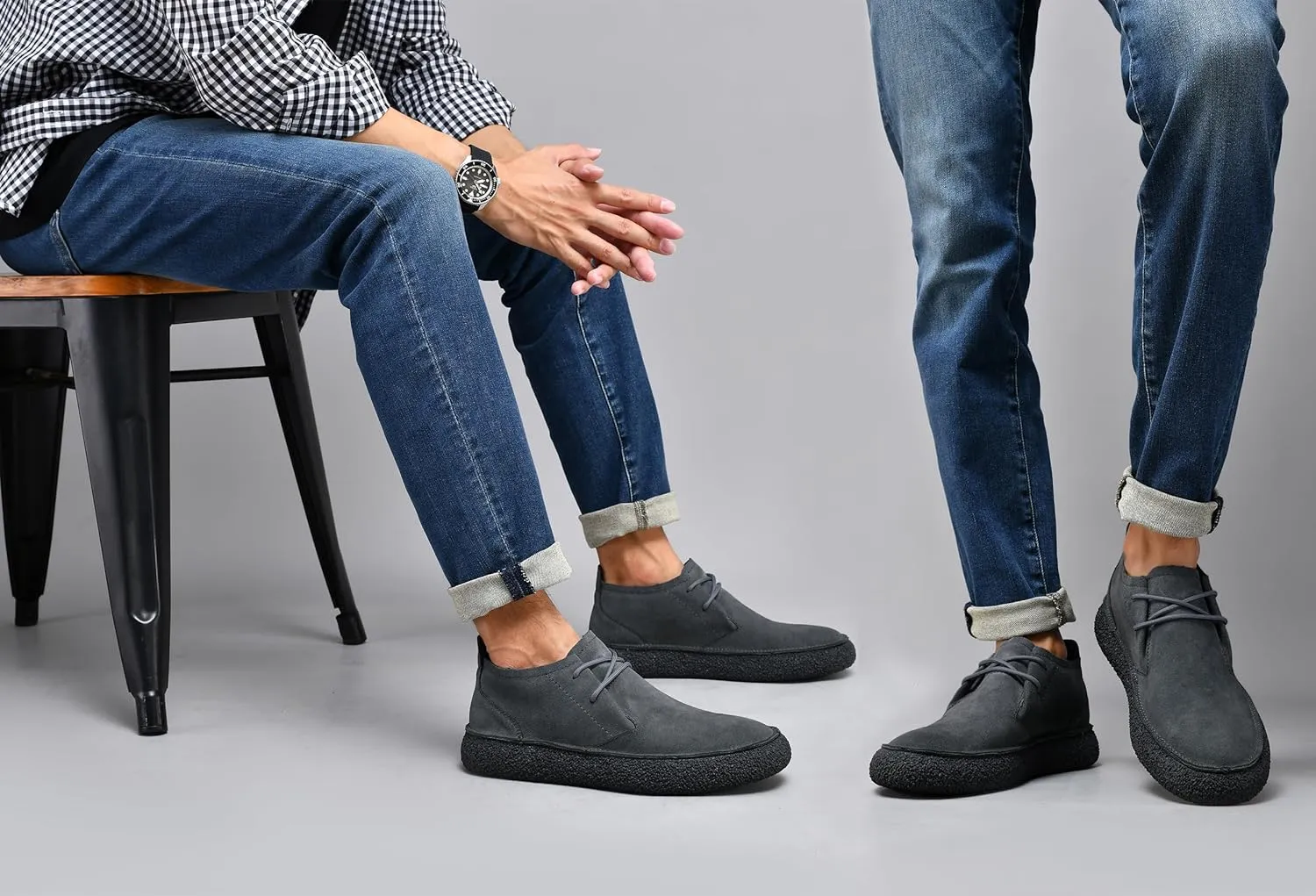 JIONS Mens Ankle Desert Chukka Boots Lace Up Suede Leather Shoes Round Toe Platform Deck Boots