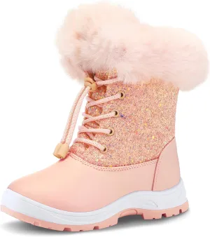 K KomForme Girls Glitter Snow Boots Kids Bungee Lacing Warm Faux Fur-Lined Anti-Slip Outdoor Winter Shoes Toddler/Little Kid/Big Kid