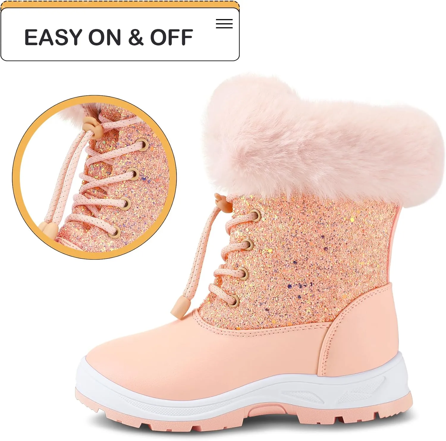 K KomForme Girls Glitter Snow Boots Kids Bungee Lacing Warm Faux Fur-Lined Anti-Slip Outdoor Winter Shoes Toddler/Little Kid/Big Kid