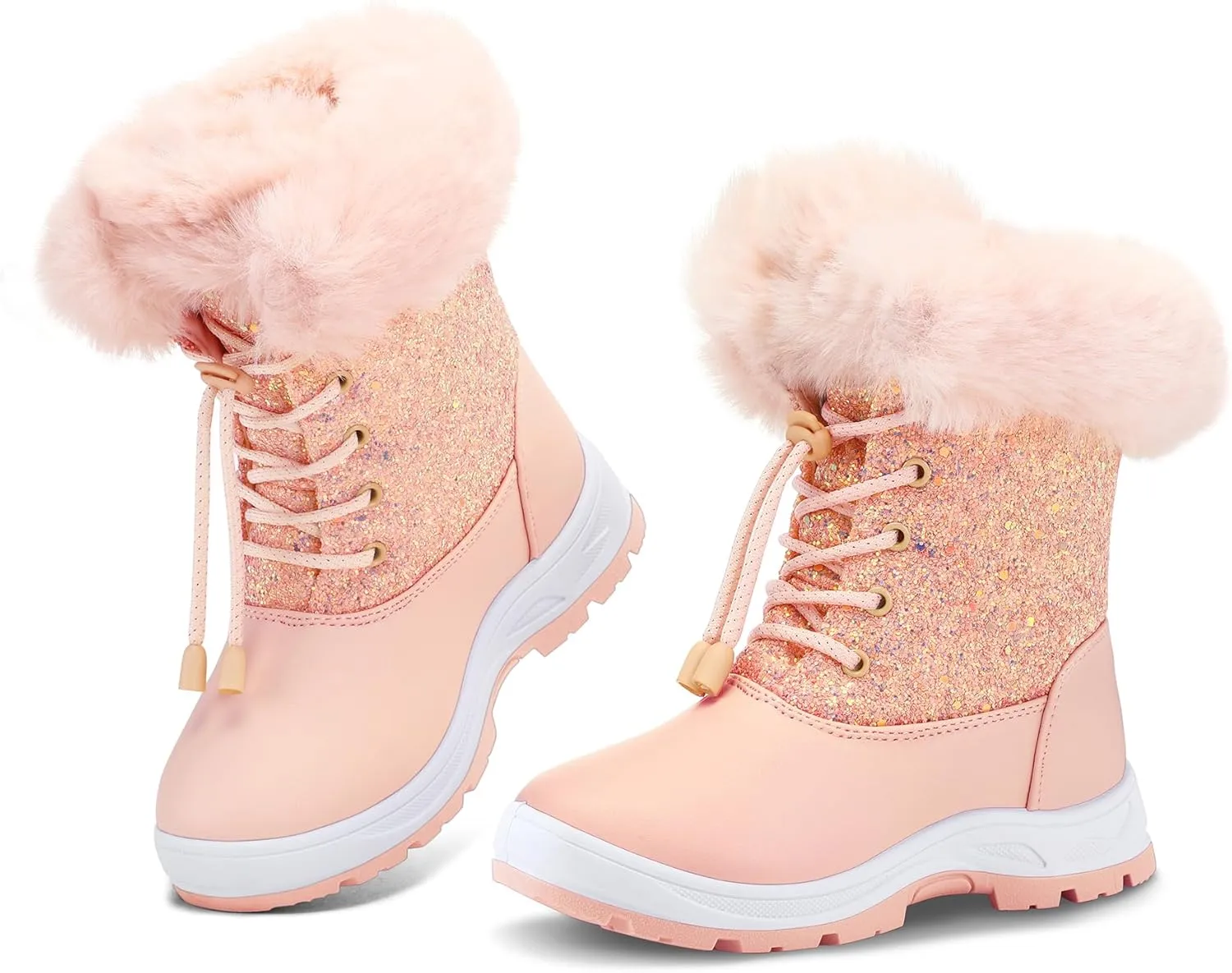 K KomForme Girls Glitter Snow Boots Kids Bungee Lacing Warm Faux Fur-Lined Anti-Slip Outdoor Winter Shoes Toddler/Little Kid/Big Kid
