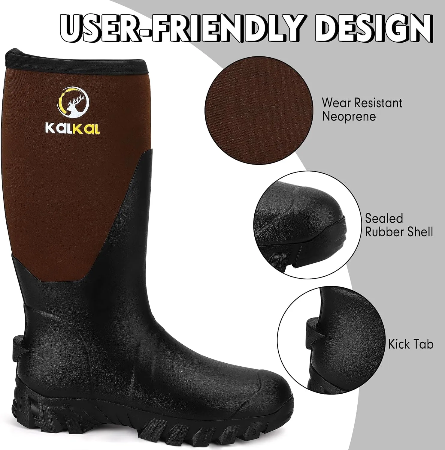 Kalkal Men's Rain Boots, Waterproof Rubber Boots For Men Lightweight Tall Hunting Boots, 6mm Neoprene Insulated Mens Work Wide Boots for Mud Hunting Farming Fishing