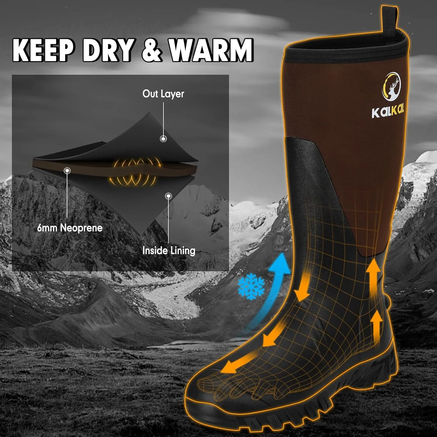 Kalkal Men's Rain Boots, Waterproof Rubber Boots For Men Lightweight Tall Hunting Boots, 6mm Neoprene Insulated Mens Work Wide Boots for Mud Hunting Farming Fishing