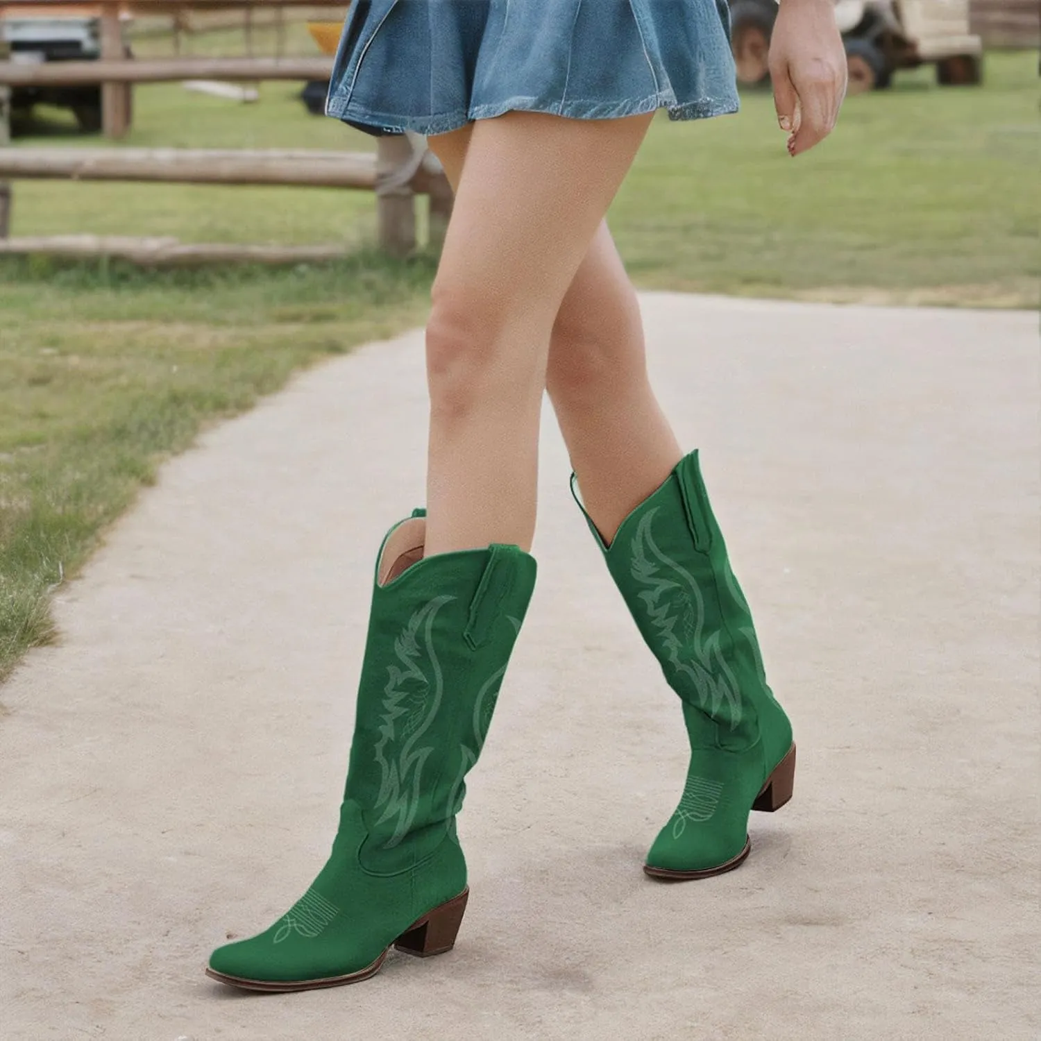 KaroNairy Women Cowboy Boots Faux Suede Embroidered Pointed Thick Heeled Western Wide Calf Cowgirl Ponited Toe Mid Calf Boots