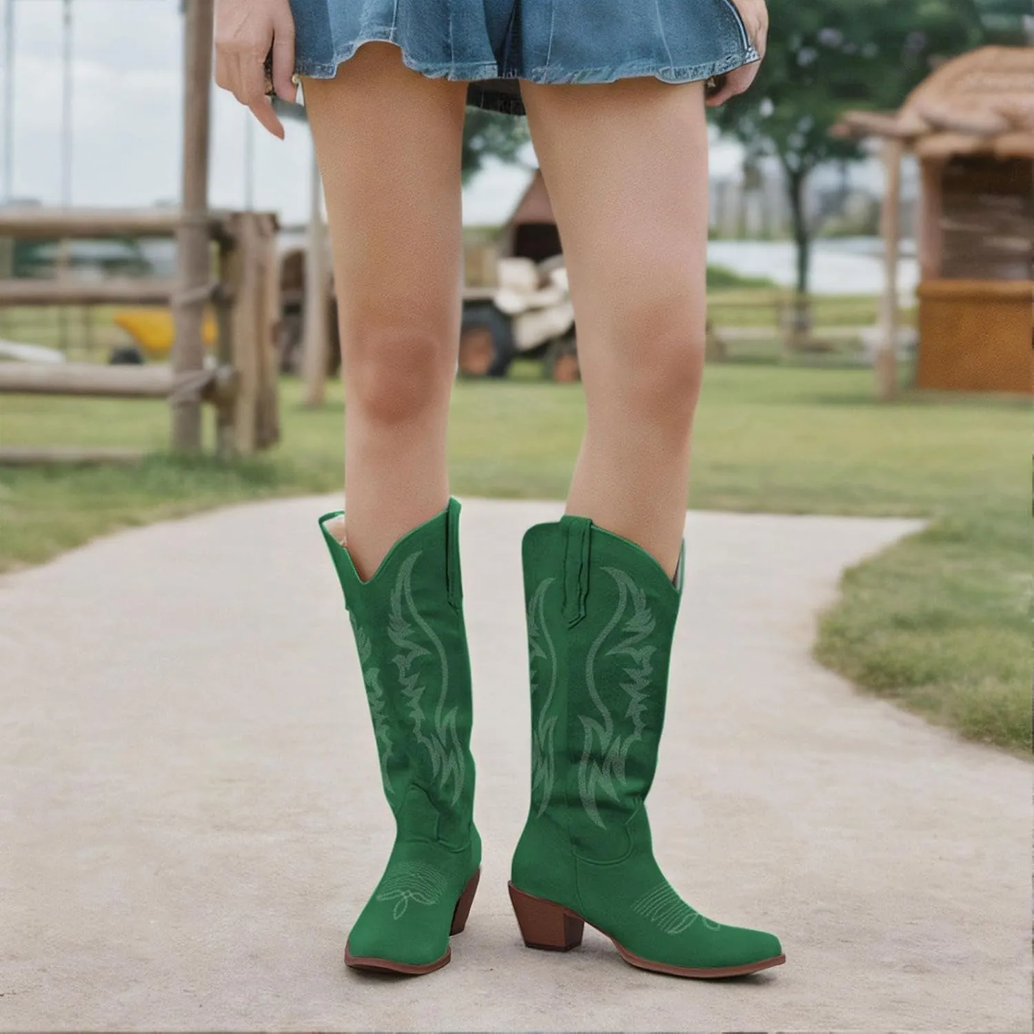 KaroNairy Women Cowboy Boots Faux Suede Embroidered Pointed Thick Heeled Western Wide Calf Cowgirl Ponited Toe Mid Calf Boots