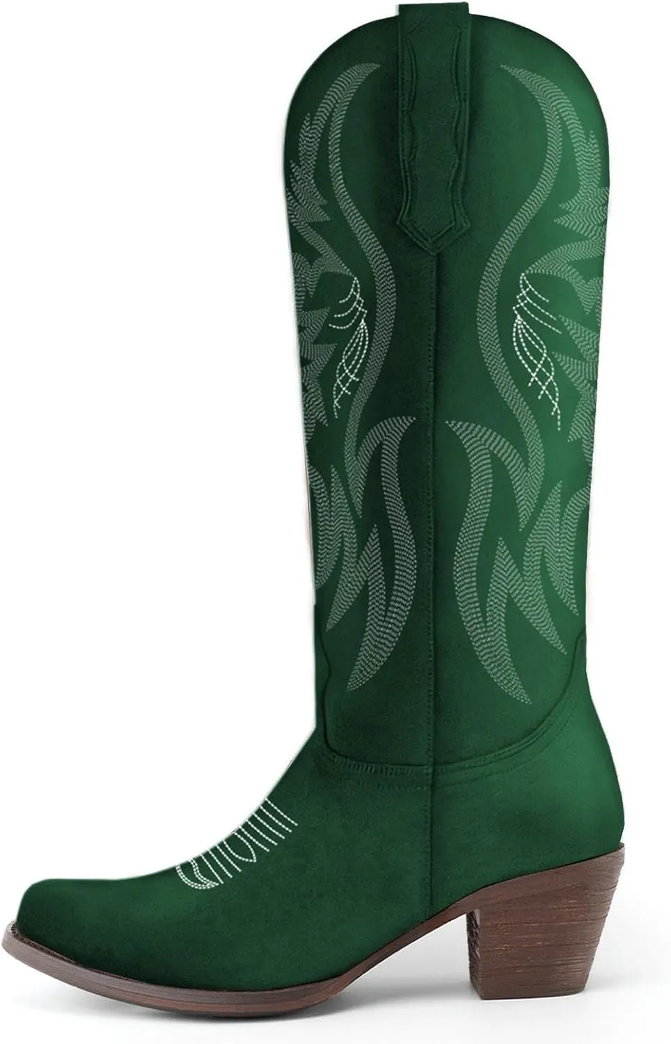 KaroNairy Women Cowboy Boots Faux Suede Embroidered Pointed Thick Heeled Western Wide Calf Cowgirl Ponited Toe Mid Calf Boots