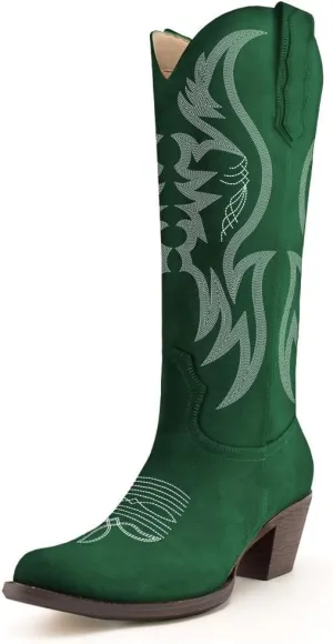 KaroNairy Women Cowboy Boots Faux Suede Embroidered Pointed Thick Heeled Western Wide Calf Cowgirl Ponited Toe Mid Calf Boots