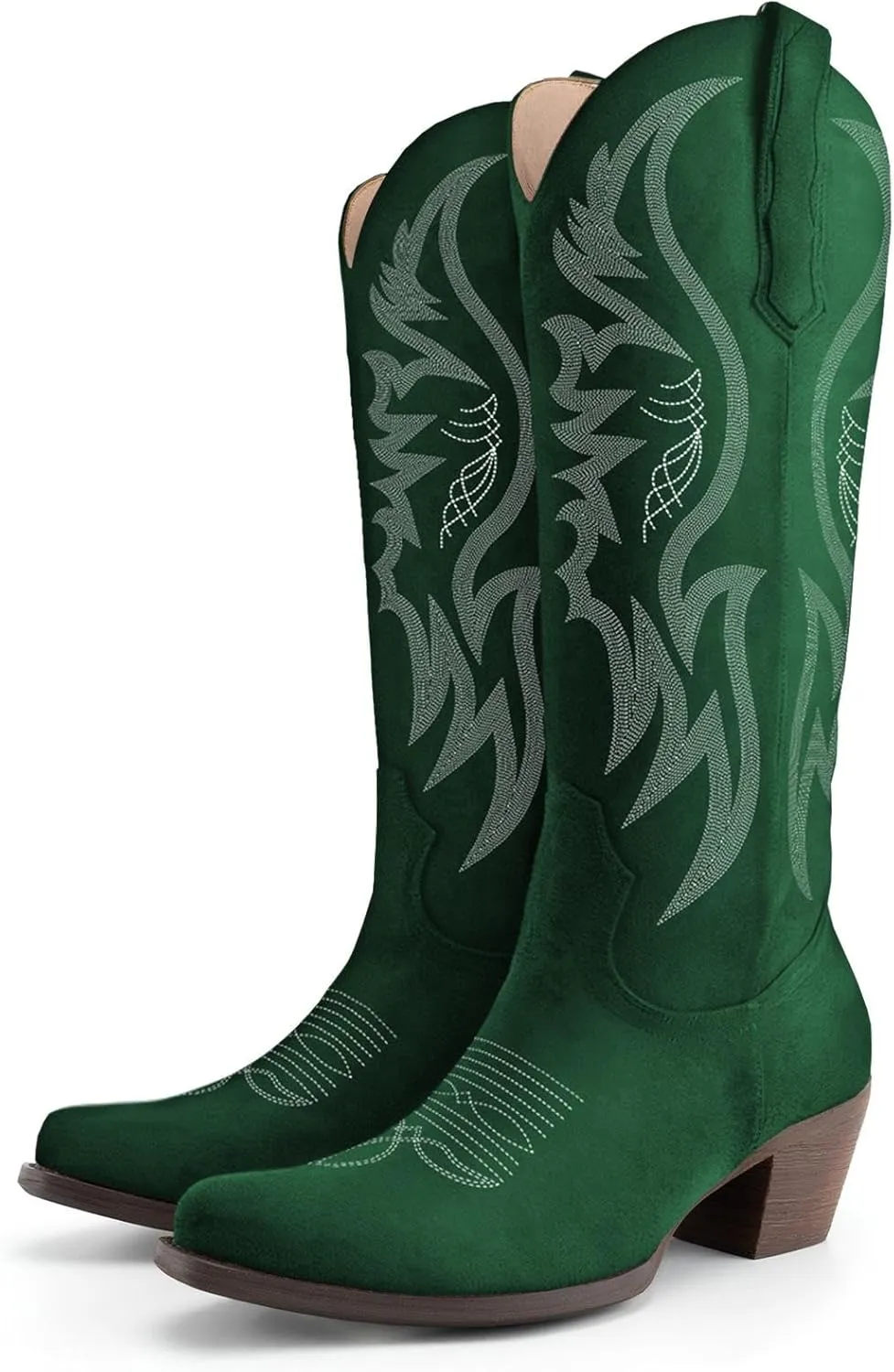 KaroNairy Women Cowboy Boots Faux Suede Embroidered Pointed Thick Heeled Western Wide Calf Cowgirl Ponited Toe Mid Calf Boots