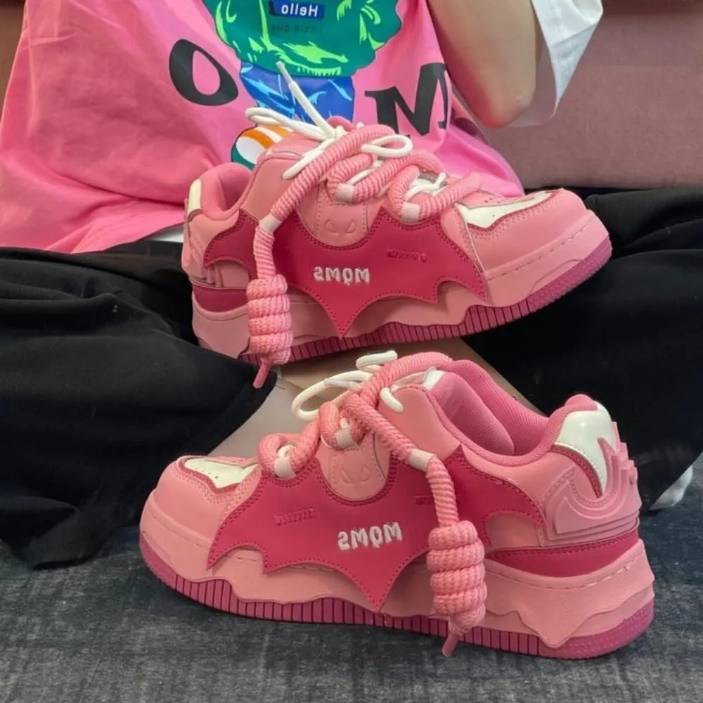 Kawaii Pink Bat Chunky Sneakers - Pink & White Dual Laces with Cute Knot Design for Women | Colorful Laces & Korean Ins Trend, Skate Shoes for Hip-Hop Students & Casual Outfits