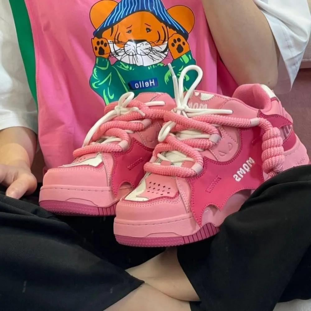 Kawaii Pink Bat Chunky Sneakers - Pink & White Dual Laces with Cute Knot Design for Women | Colorful Laces & Korean Ins Trend, Skate Shoes for Hip-Hop Students & Casual Outfits