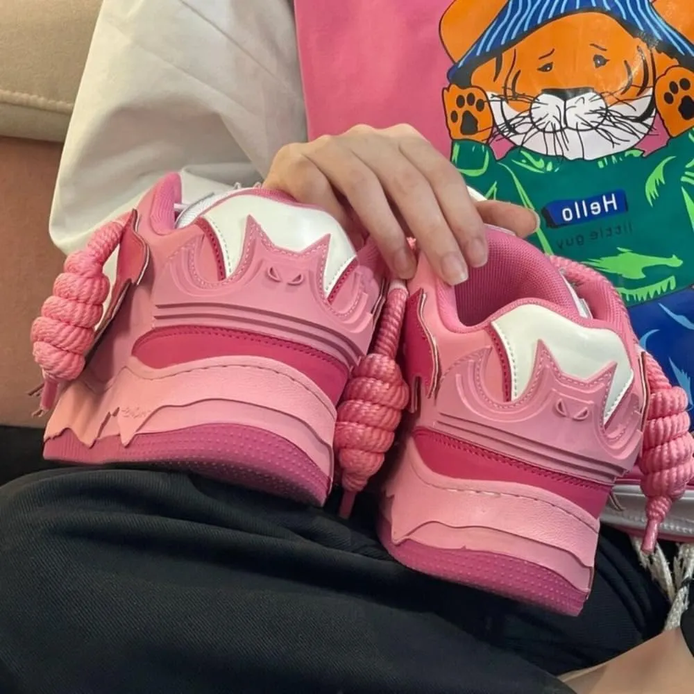 Kawaii Pink Bat Chunky Sneakers - Pink & White Dual Laces with Cute Knot Design for Women | Colorful Laces & Korean Ins Trend, Skate Shoes for Hip-Hop Students & Casual Outfits