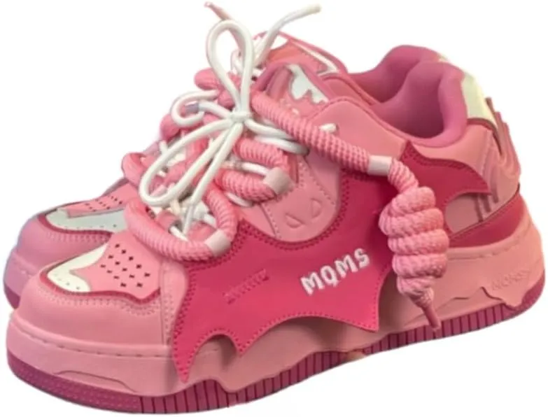 Kawaii Pink Bat Chunky Sneakers - Pink & White Dual Laces with Cute Knot Design for Women | Colorful Laces & Korean Ins Trend, Skate Shoes for Hip-Hop Students & Casual Outfits