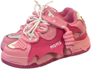 Kawaii Pink Bat Chunky Sneakers - Pink & White Dual Laces with Cute Knot Design for Women | Colorful Laces & Korean Ins Trend, Skate Shoes for Hip-Hop Students & Casual Outfits