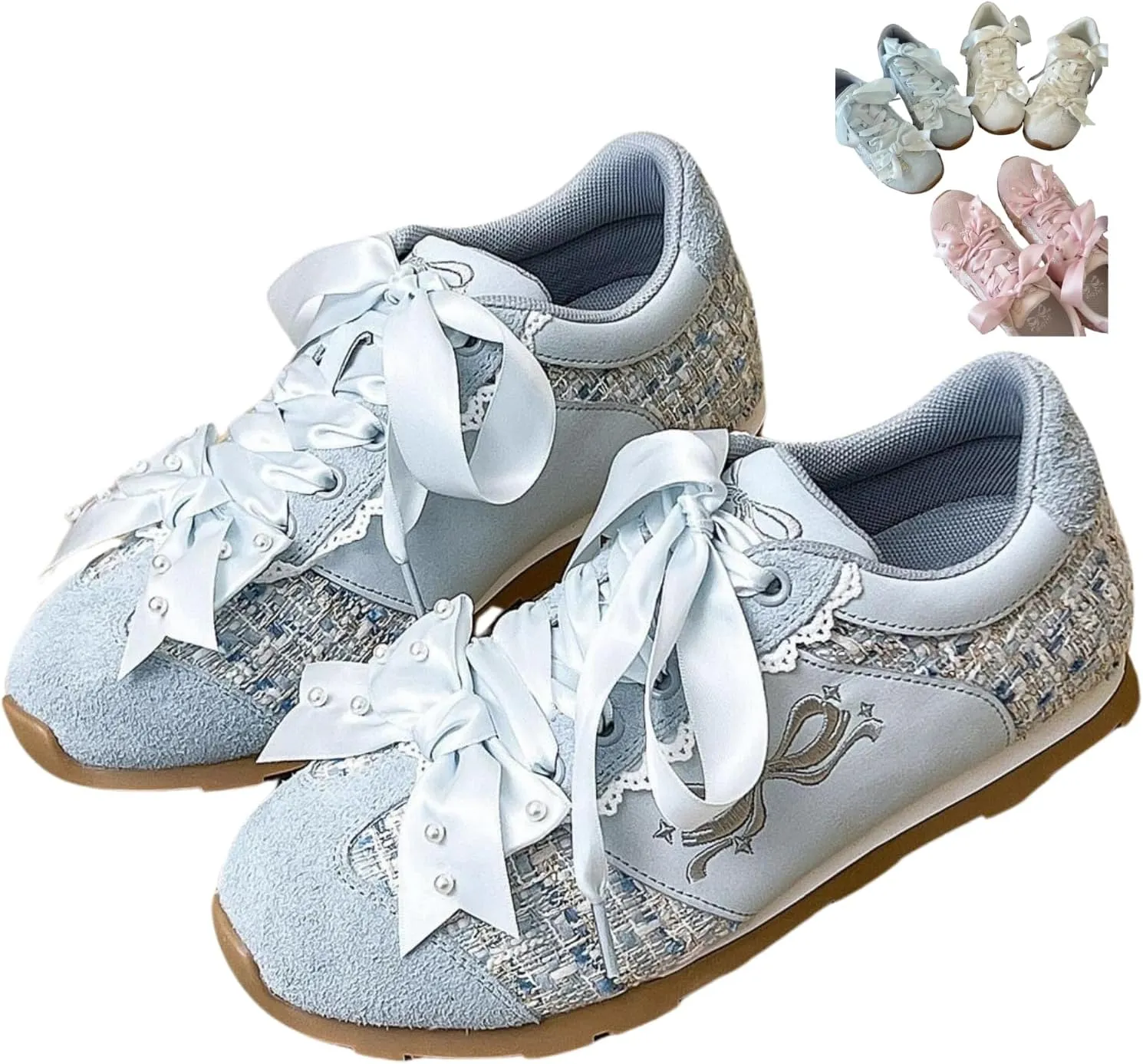 Kawaii Platform Shoes – Chunky Sneakers for Women, Aesthetic Ballet-Inspired Shoes with Bow & Pearls, Cute Fashion Backpack-Inspired Trainers
