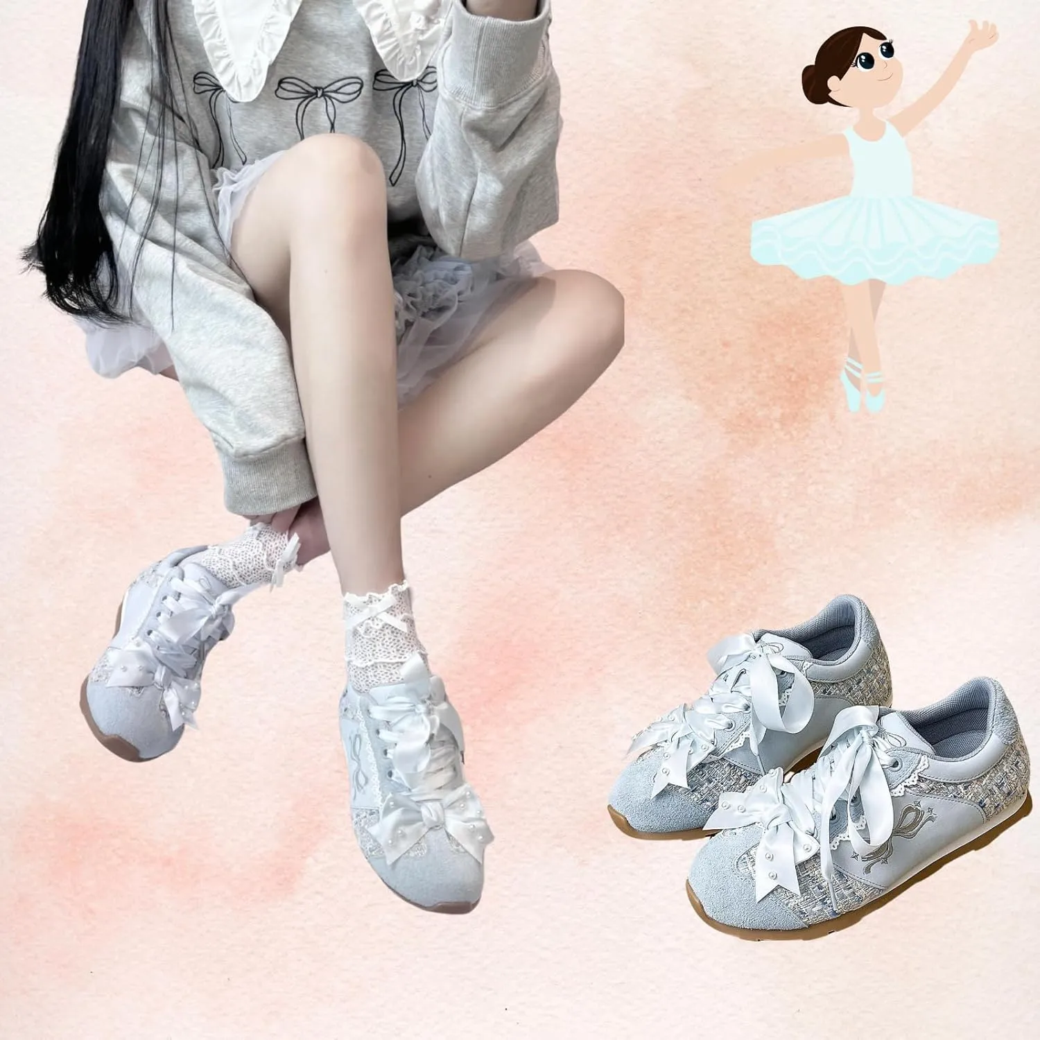 Kawaii Platform Shoes – Chunky Sneakers for Women, Aesthetic Ballet-Inspired Shoes with Bow & Pearls, Cute Fashion Backpack-Inspired Trainers