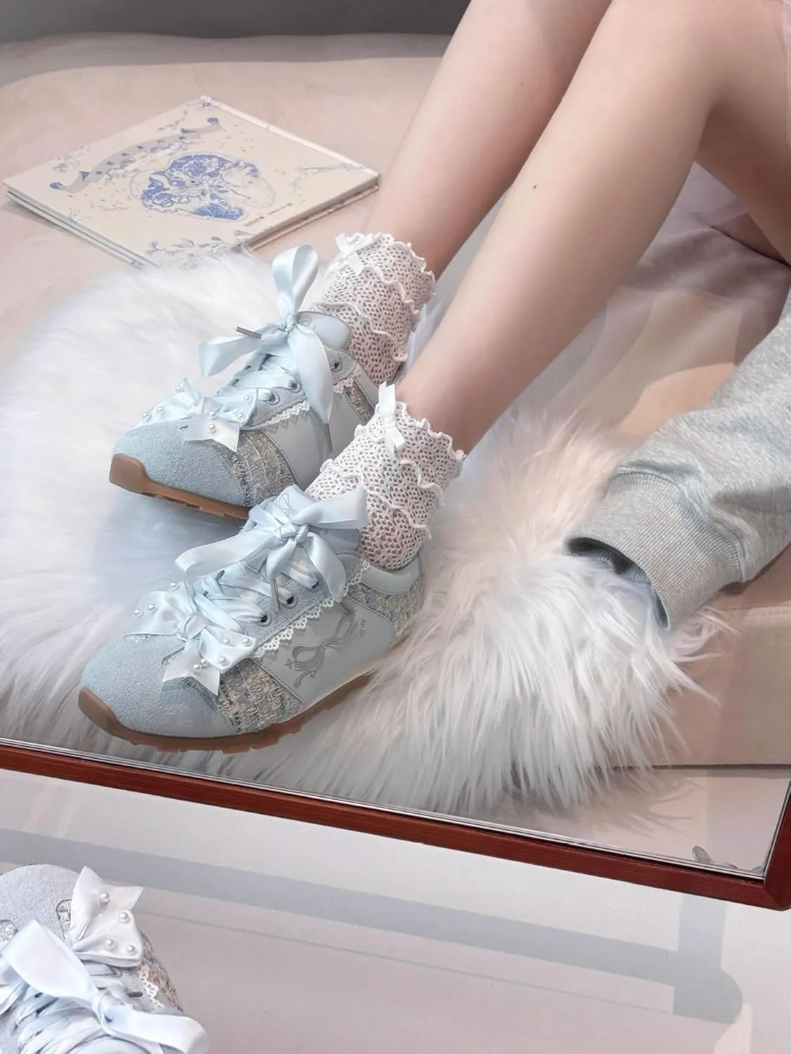 Kawaii Platform Shoes – Chunky Sneakers for Women, Aesthetic Ballet-Inspired Shoes with Bow & Pearls, Cute Fashion Backpack-Inspired Trainers