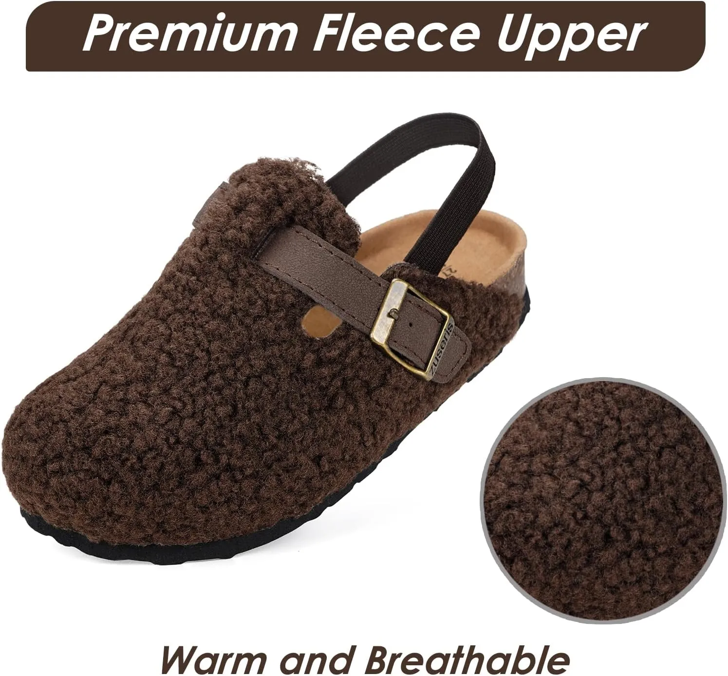 Kids Clogs Toddler Fuzzy Clog Slippers with Strap Boys Girls Cork Footbed Mules Classic Slip On Fleece Potato Shoes with Adjustable Buckle