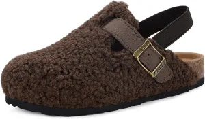 Kids Clogs Toddler Fuzzy Clog Slippers with Strap Boys Girls Cork Footbed Mules Classic Slip On Fleece Potato Shoes with Adjustable Buckle