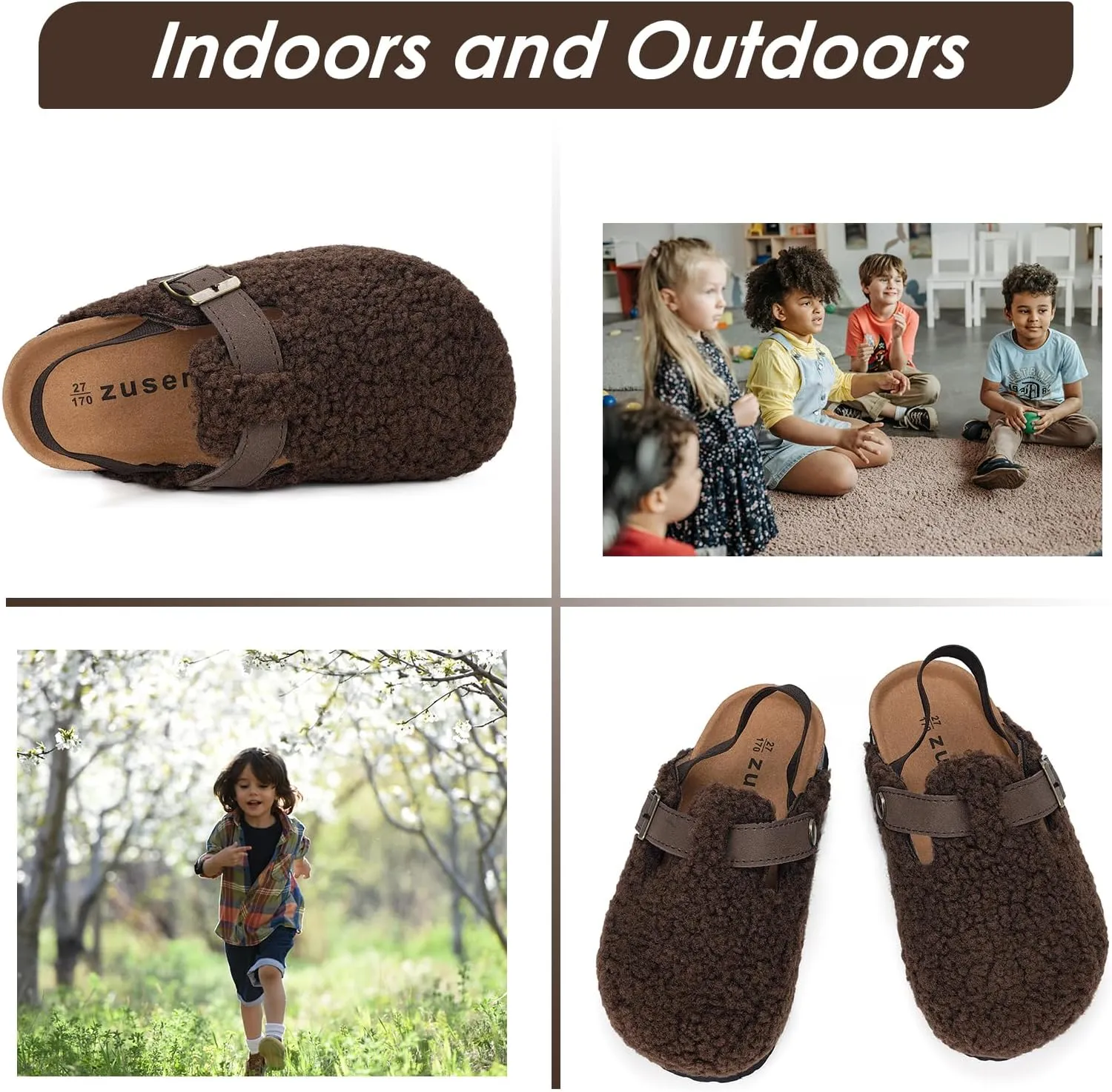Kids Clogs Toddler Fuzzy Clog Slippers with Strap Boys Girls Cork Footbed Mules Classic Slip On Fleece Potato Shoes with Adjustable Buckle
