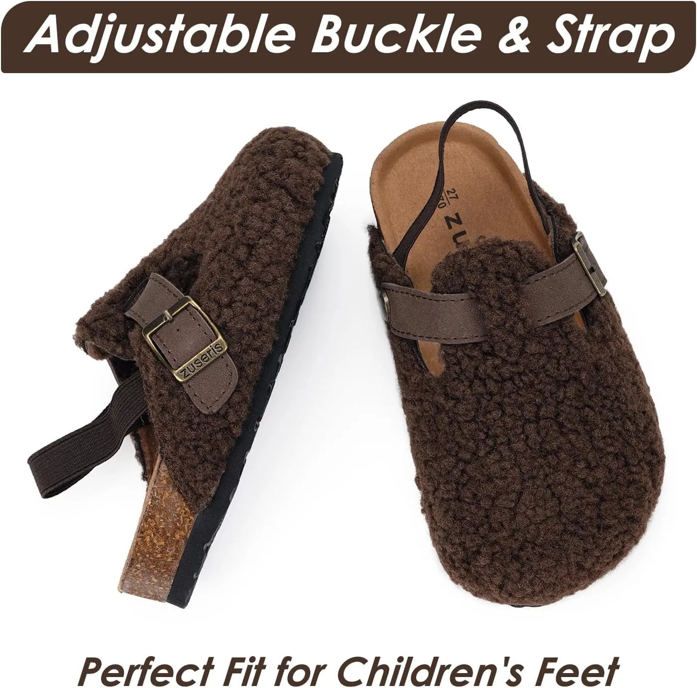 Kids Clogs Toddler Fuzzy Clog Slippers with Strap Boys Girls Cork Footbed Mules Classic Slip On Fleece Potato Shoes with Adjustable Buckle