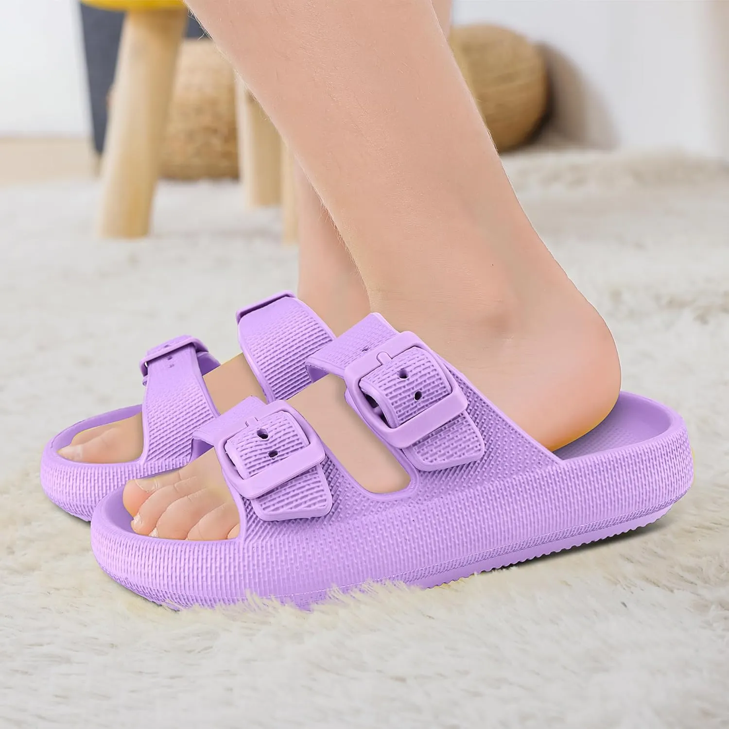 Kids Cloud Slides Girls Boys Double Buckle Slip On Sandals Youth Adjustable Flip Flops Summer Soft Pillow Slippers EVA Flat Beach Pool Shower Shoes