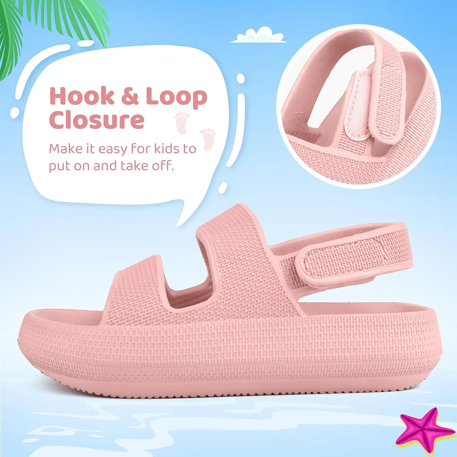 Kids Sandals Boys Girls Cloud Slide Sandals Open Toe Sports Sandals EVA Thick Sole Water Sandals with Hook and Loop Back Strap
