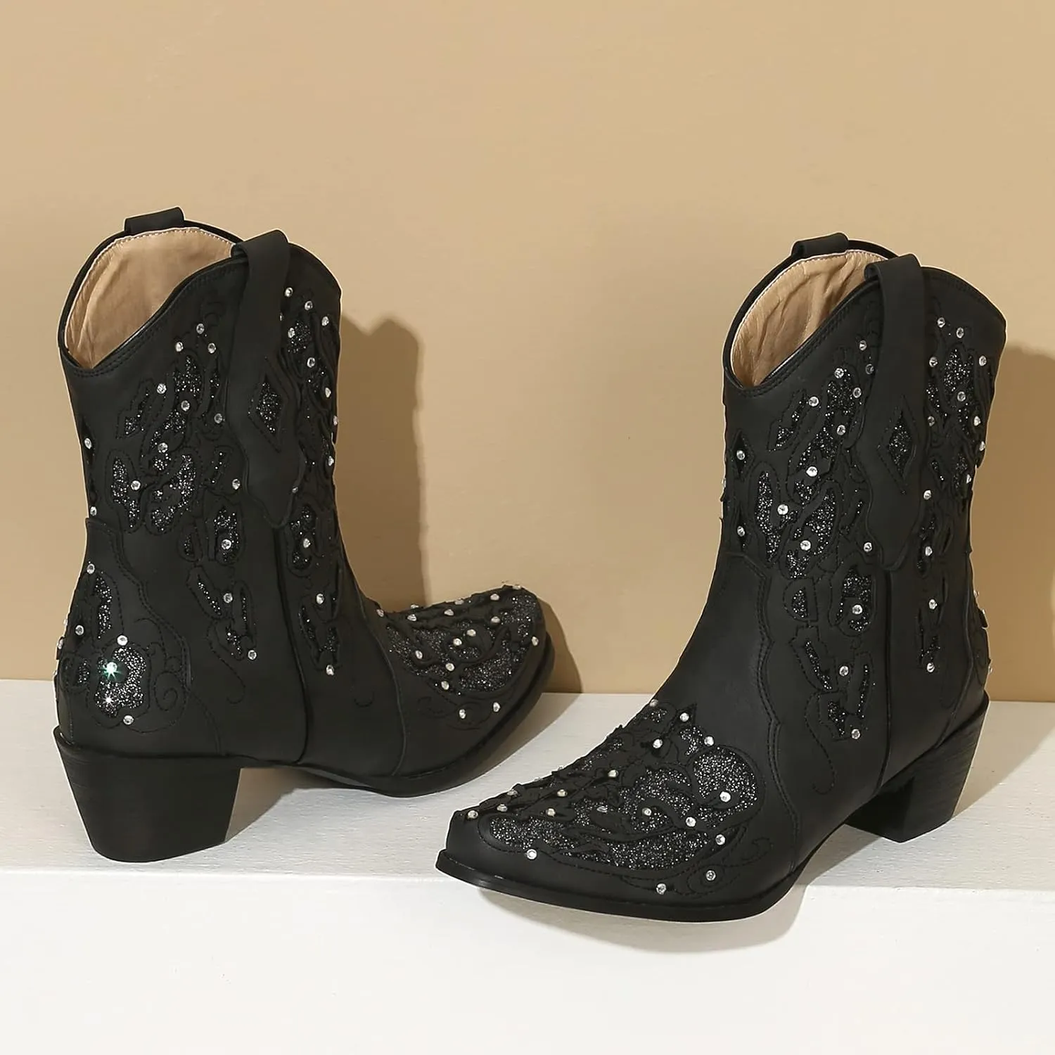 KiutSymo Glitter Rhinestone Cowboy Boots For Women Vintage Embroidered Cowgirl Boots Mid Calf Chunky Heel Sparkly Wedding Western Boots