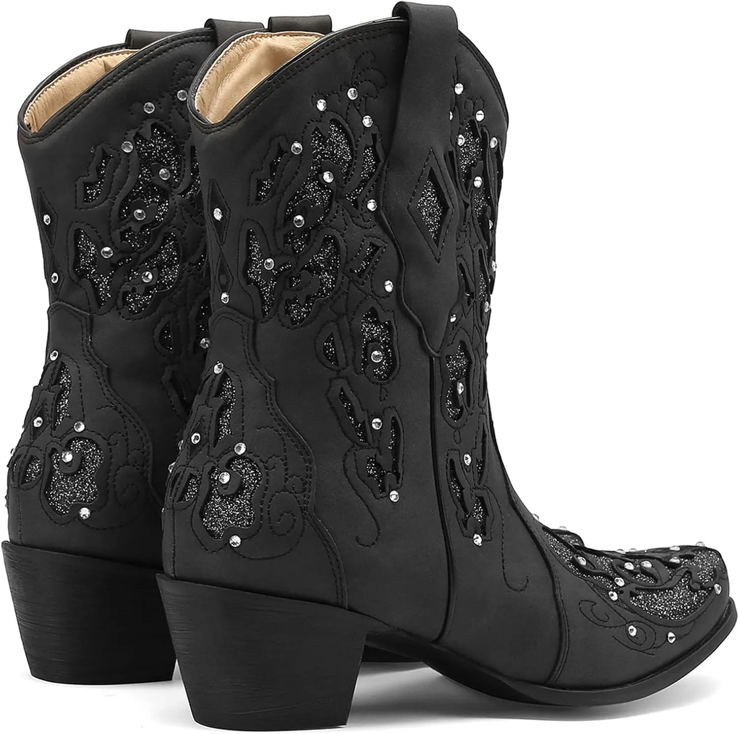 KiutSymo Glitter Rhinestone Cowboy Boots For Women Vintage Embroidered Cowgirl Boots Mid Calf Chunky Heel Sparkly Wedding Western Boots