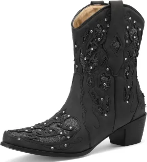 KiutSymo Glitter Rhinestone Cowboy Boots For Women Vintage Embroidered Cowgirl Boots Mid Calf Chunky Heel Sparkly Wedding Western Boots