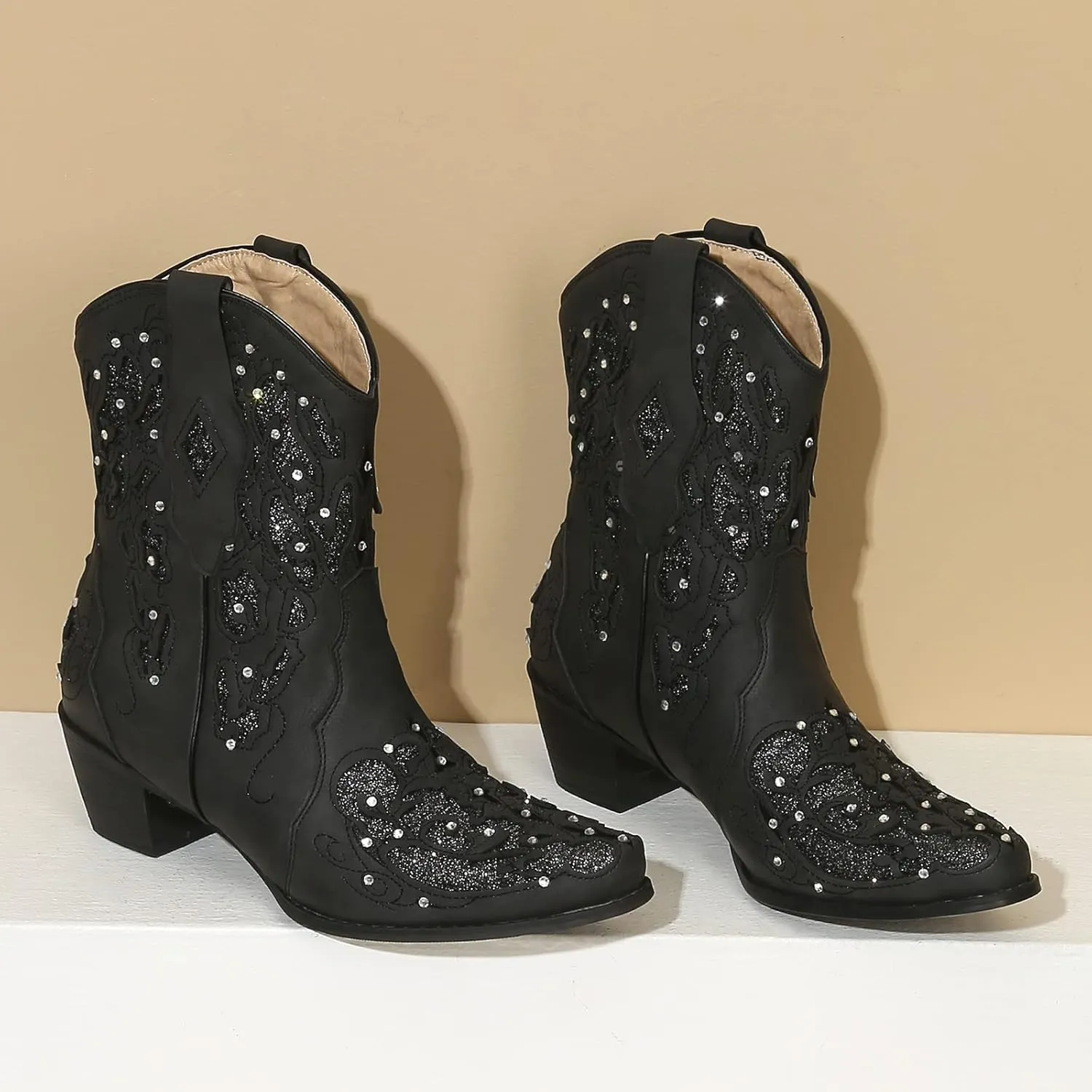 KiutSymo Glitter Rhinestone Cowboy Boots For Women Vintage Embroidered Cowgirl Boots Mid Calf Chunky Heel Sparkly Wedding Western Boots