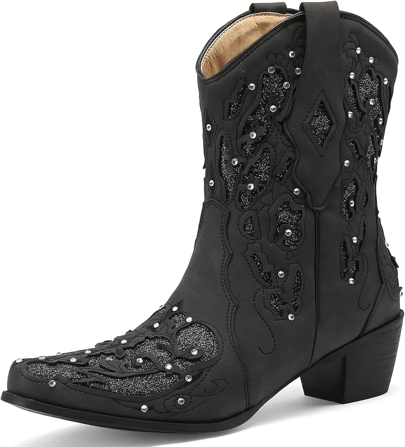KiutSymo Glitter Rhinestone Cowboy Boots For Women Vintage Embroidered Cowgirl Boots Mid Calf Chunky Heel Sparkly Wedding Western Boots