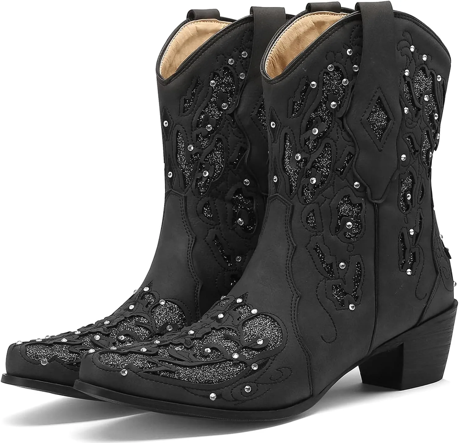 KiutSymo Glitter Rhinestone Cowboy Boots For Women Vintage Embroidered Cowgirl Boots Mid Calf Chunky Heel Sparkly Wedding Western Boots