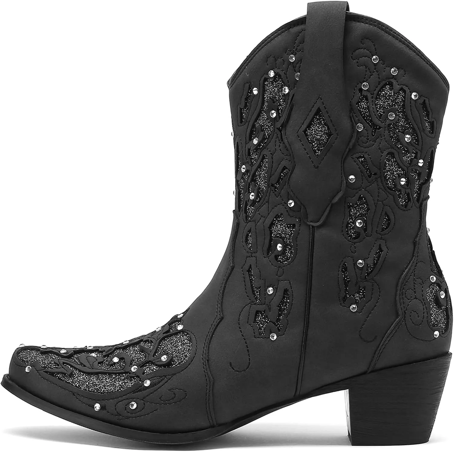 KiutSymo Glitter Rhinestone Cowboy Boots For Women Vintage Embroidered Cowgirl Boots Mid Calf Chunky Heel Sparkly Wedding Western Boots
