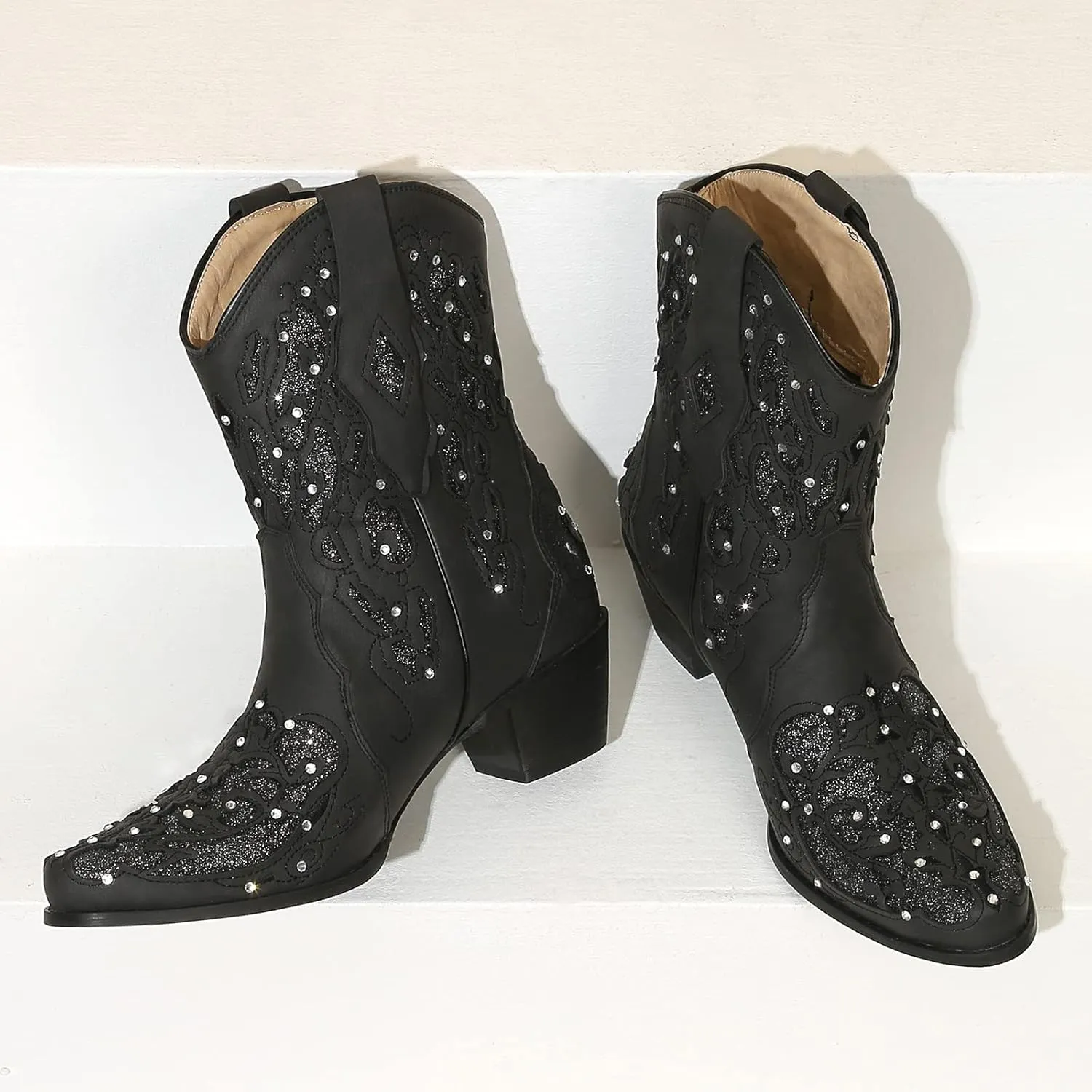 KiutSymo Glitter Rhinestone Cowboy Boots For Women Vintage Embroidered Cowgirl Boots Mid Calf Chunky Heel Sparkly Wedding Western Boots