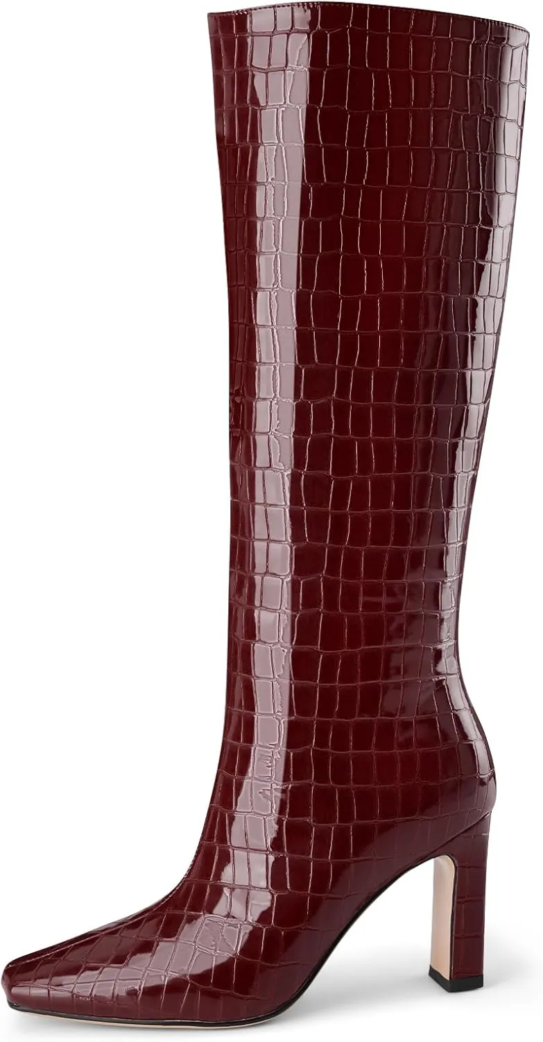 Knee High Boots Women Black Long Boots Slip on Tall Boots Chunky High Heel Square Toe Crocodile Pattern Leather Boots with Side Zipper for Ladies Sexy