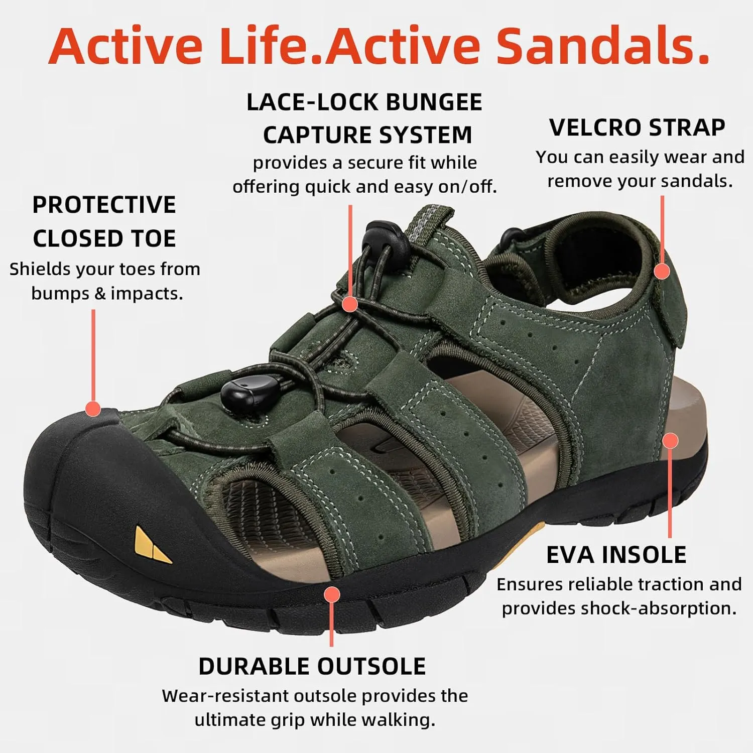KOIMED Men's Hiking Leather Sandals Closed Toe Water Shoes For Summer Athletic Outdoor Walking Sports Trail River Fishing Wide Adjustable Waterproof Arch Support