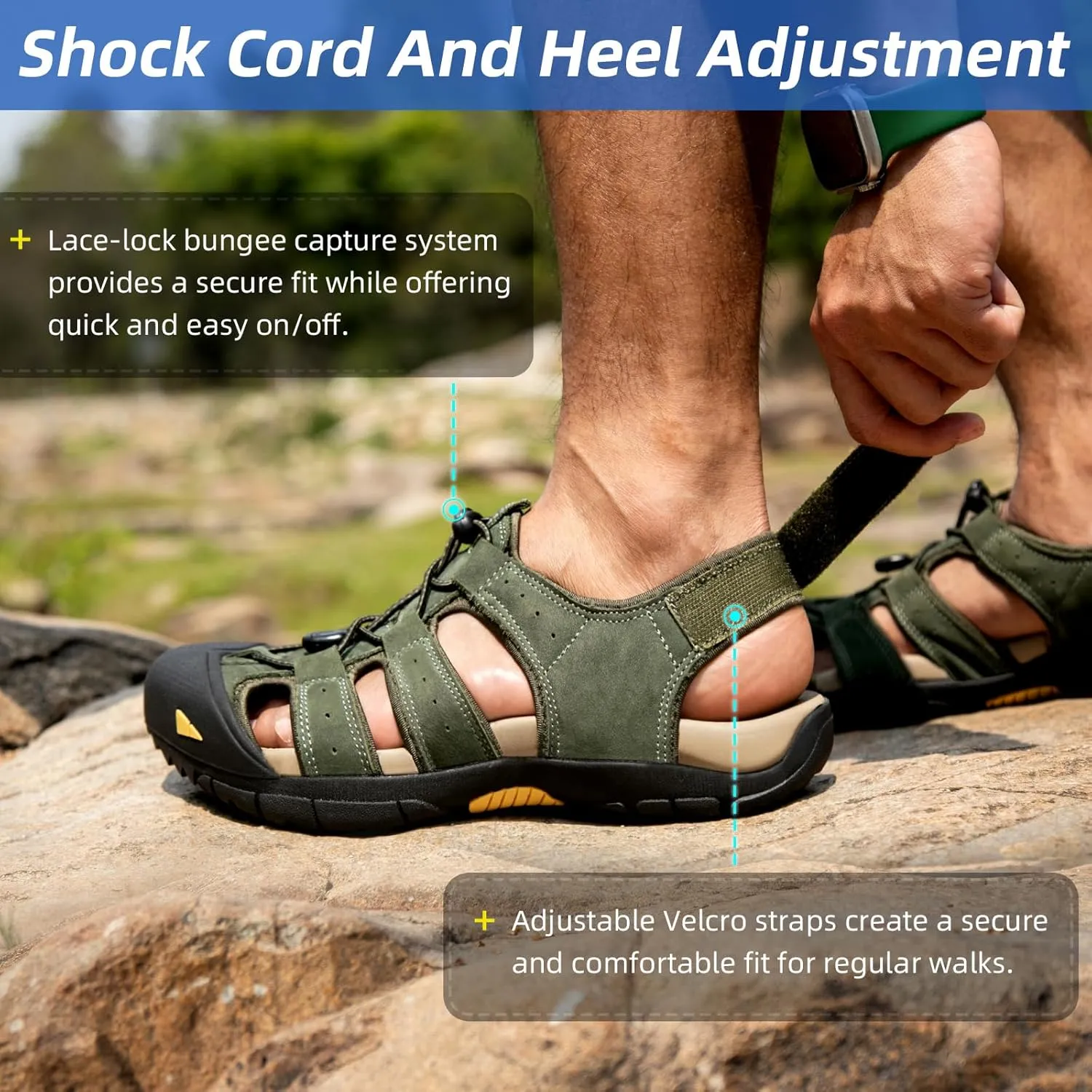 KOIMED Men's Hiking Leather Sandals Closed Toe Water Shoes For Summer Athletic Outdoor Walking Sports Trail River Fishing Wide Adjustable Waterproof Arch Support