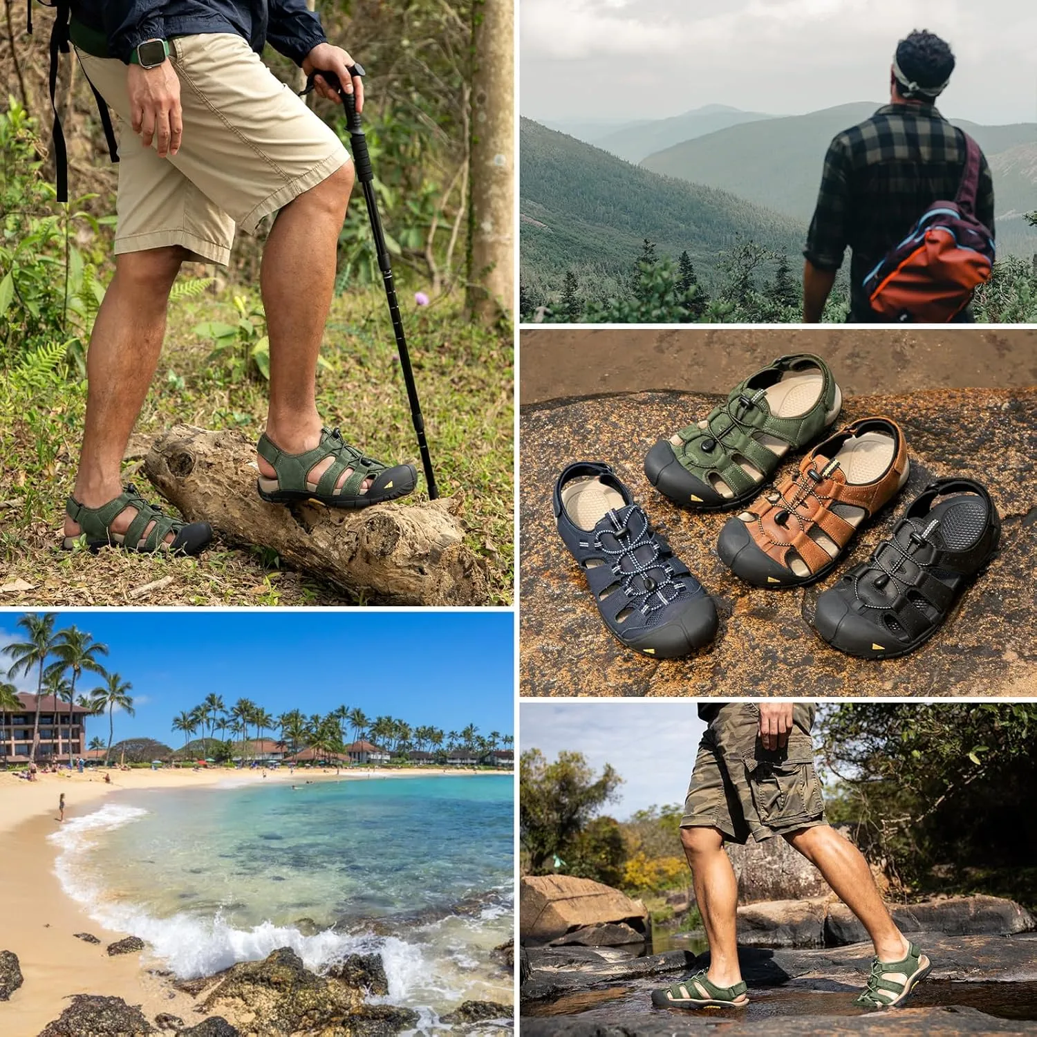 KOIMED Men's Hiking Leather Sandals Closed Toe Water Shoes For Summer Athletic Outdoor Walking Sports Trail River Fishing Wide Adjustable Waterproof Arch Support