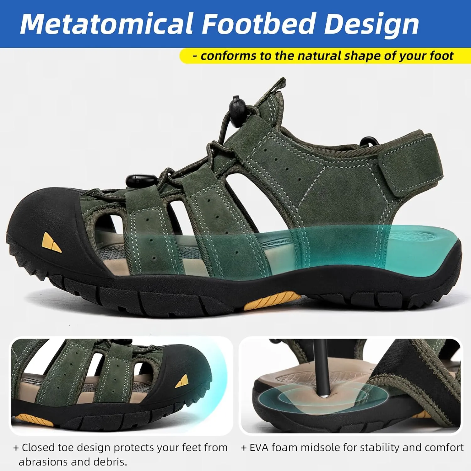 KOIMED Men's Hiking Leather Sandals Closed Toe Water Shoes For Summer Athletic Outdoor Walking Sports Trail River Fishing Wide Adjustable Waterproof Arch Support