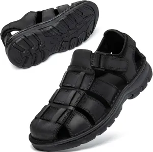 KOIMED Men's Hiking Leather Sandals Closed Toe Water Shoes For Summer Athletic Outdoor Walking Sports Trail River Fishing Wide Adjustable Waterproof Arch Support