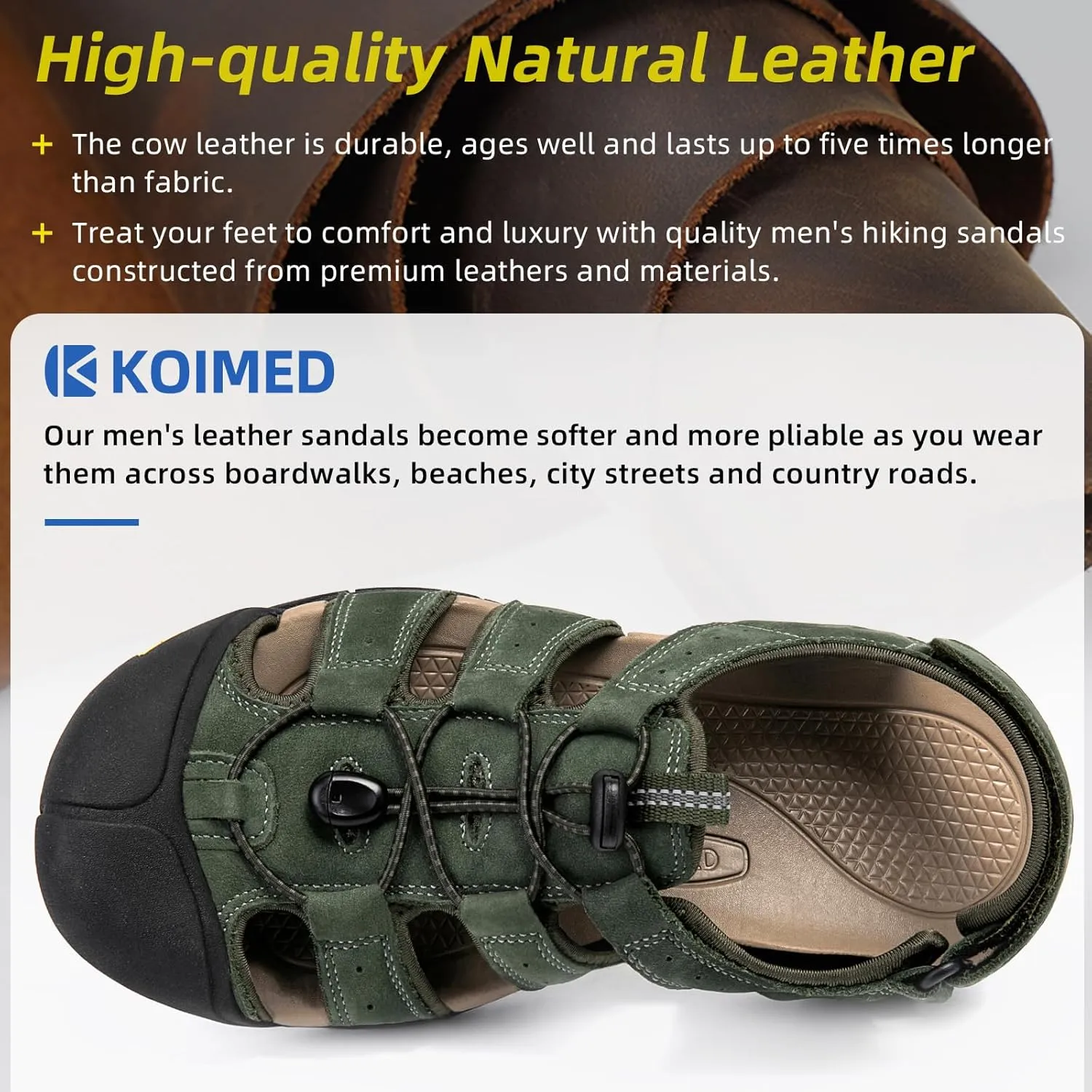 KOIMED Men's Hiking Leather Sandals Closed Toe Water Shoes For Summer Athletic Outdoor Walking Sports Trail River Fishing Wide Adjustable Waterproof Arch Support
