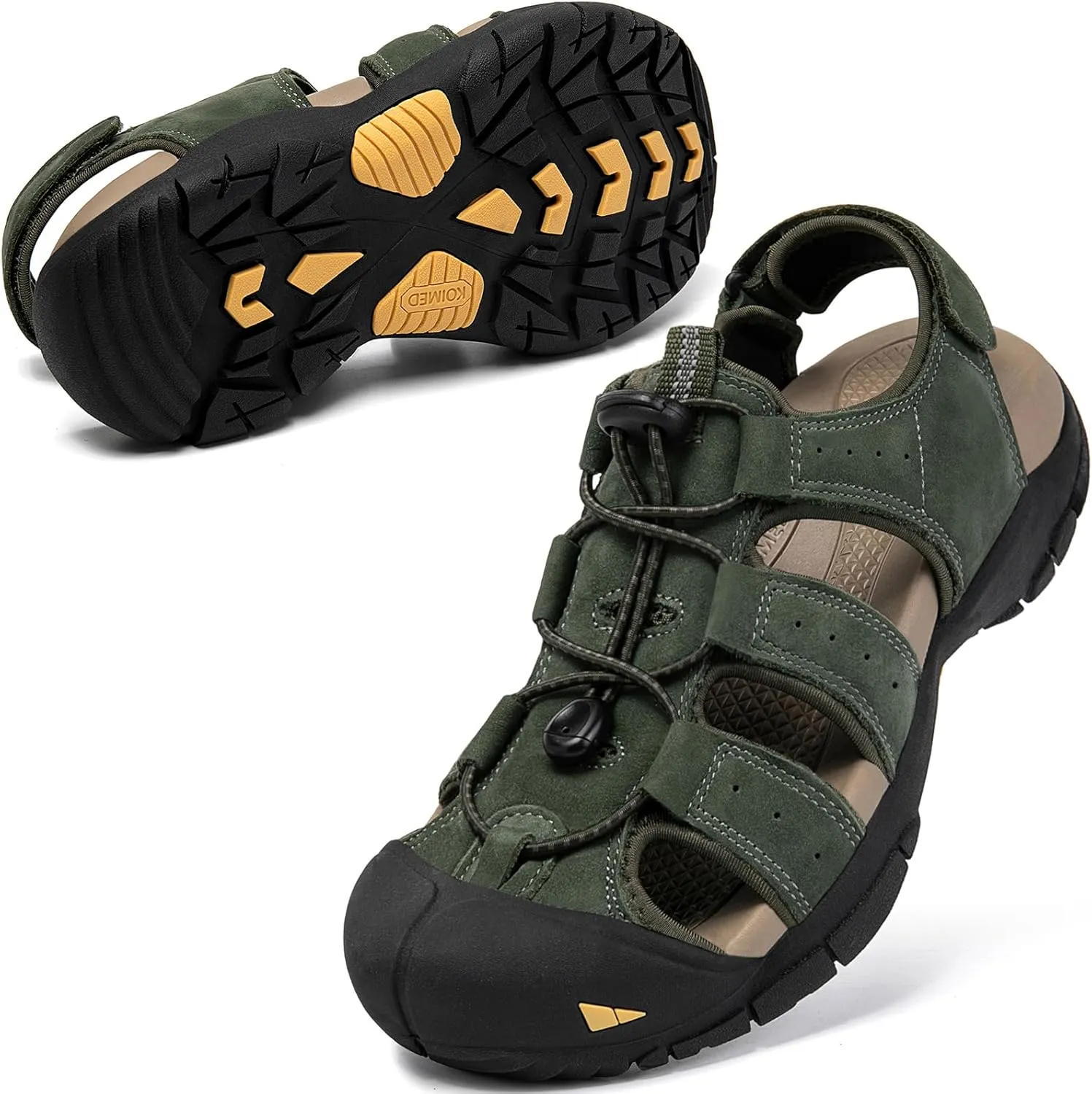 KOIMED Men's Hiking Leather Sandals Closed Toe Water Shoes For Summer Athletic Outdoor Walking Sports Trail River Fishing Wide Adjustable Waterproof Arch Support