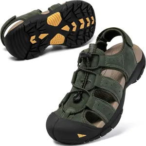 KOIMED Men's Hiking Leather Sandals Closed Toe Water Shoes For Summer Athletic Outdoor Walking Sports Trail River Fishing Wide Adjustable Waterproof Arch Support
