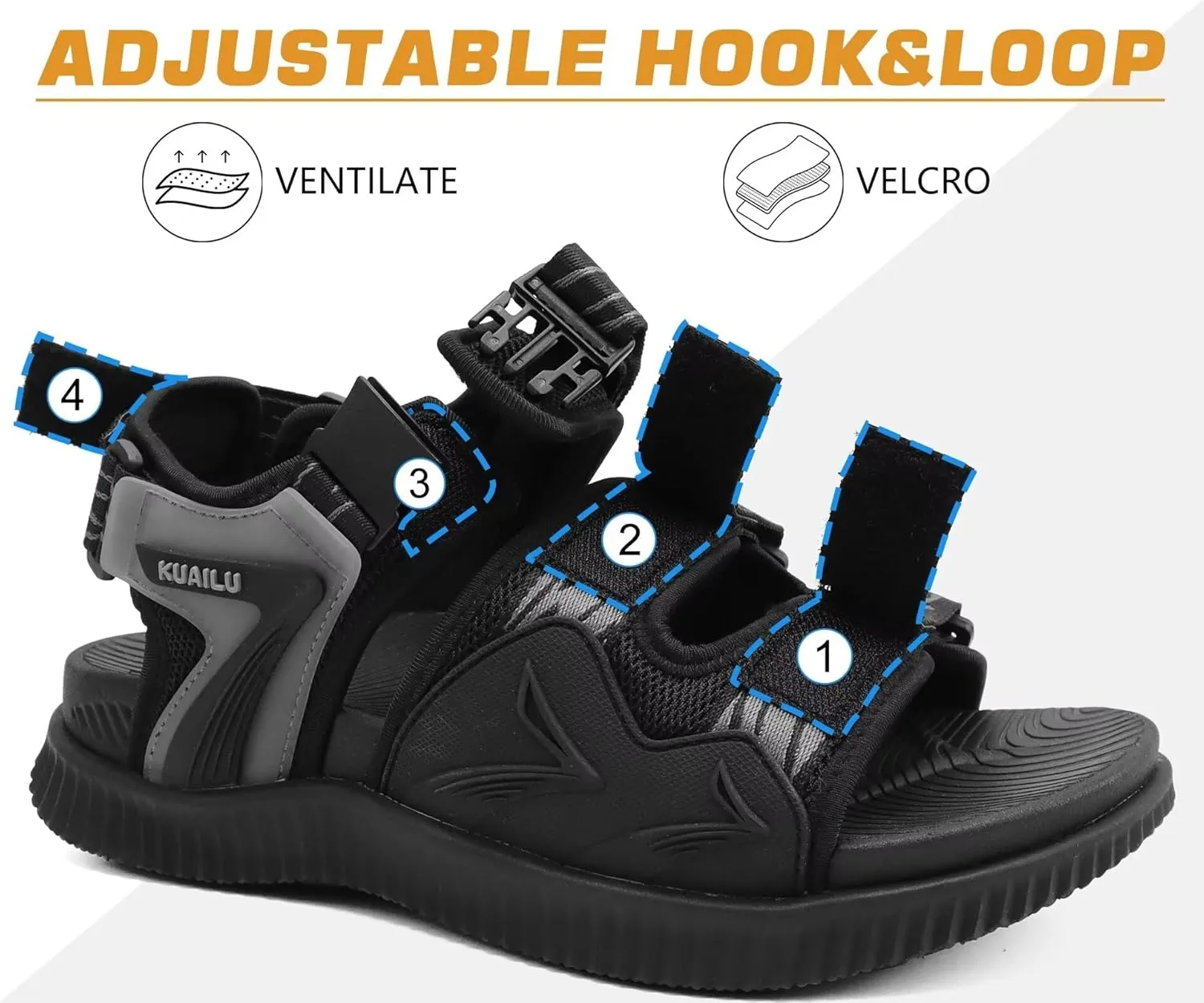 KuaiLu Mens Hiking Sandals with Arch Support Orthopedic Walking Recovery Sandals for Plantar Fasciitis Open Toe Summer Athletic Sport Comfortable Cushion Breathable Outdoor Water Sandals Size7-13