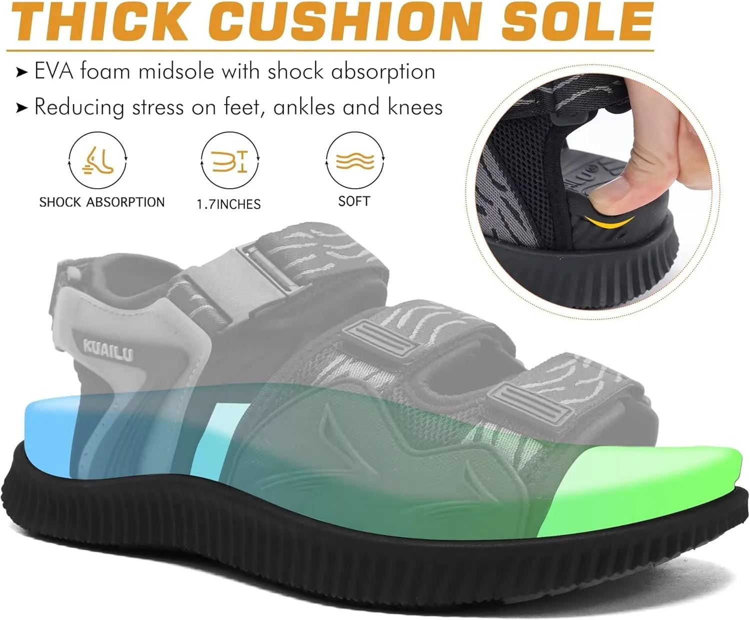 KuaiLu Mens Hiking Sandals with Arch Support Orthopedic Walking Recovery Sandals for Plantar Fasciitis Open Toe Summer Athletic Sport Comfortable Cushion Breathable Outdoor Water Sandals Size7-13