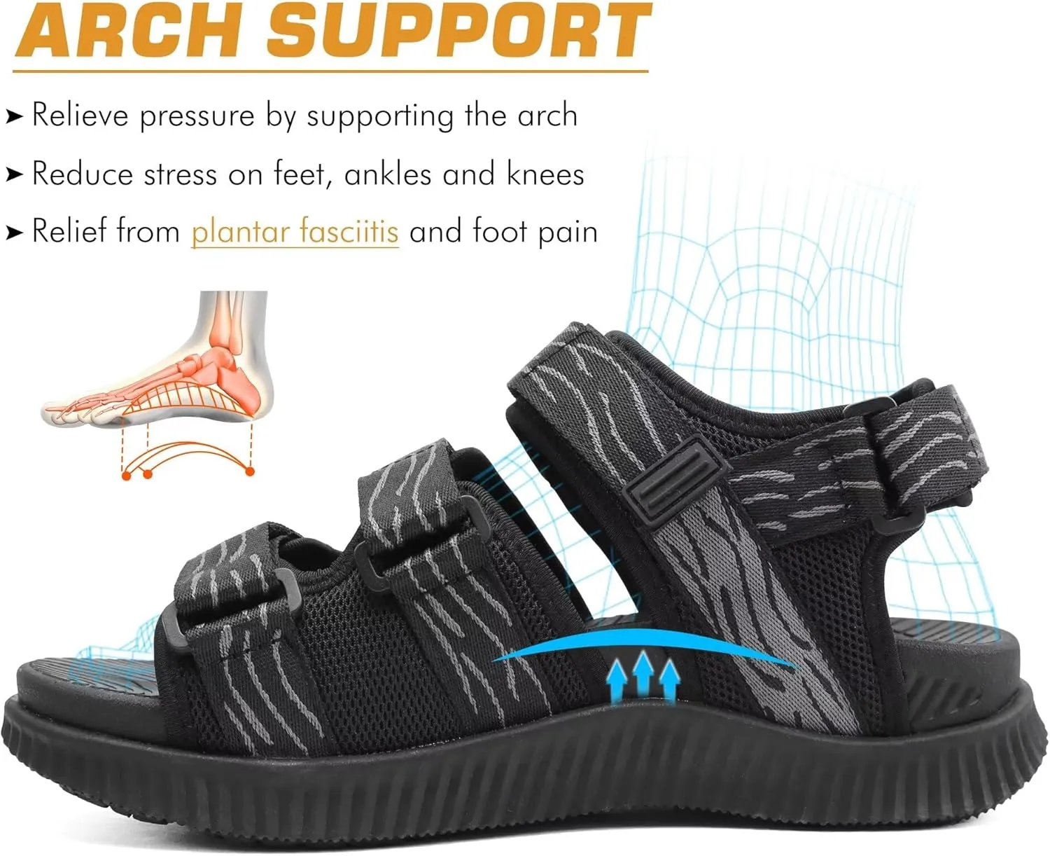 KuaiLu Mens Hiking Sandals with Arch Support Orthopedic Walking Recovery Sandals for Plantar Fasciitis Open Toe Summer Athletic Sport Comfortable Cushion Breathable Outdoor Water Sandals Size7-13